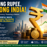 Poster promoting a stronger rupee: large gold rupee symbol, Indian flag, and rising arrow over a cityscape and port.