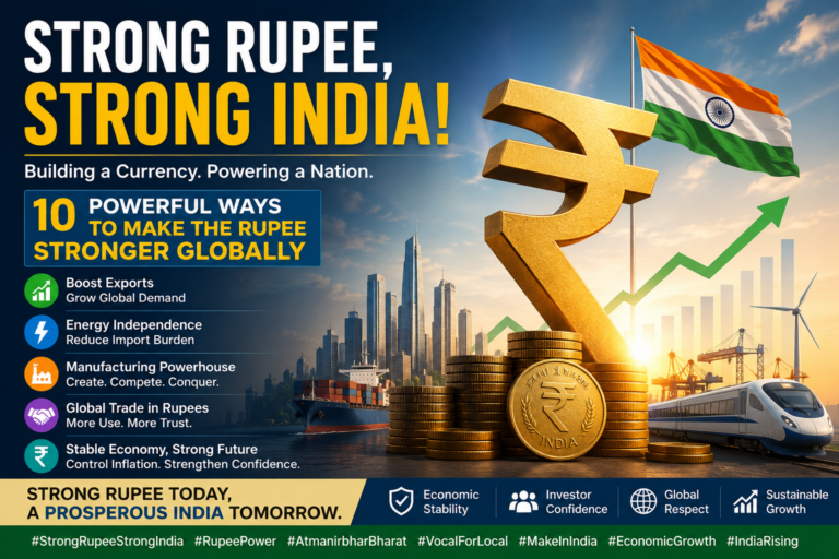 Poster promoting a stronger rupee: large gold rupee symbol, Indian flag, and rising arrow over a cityscape and port.