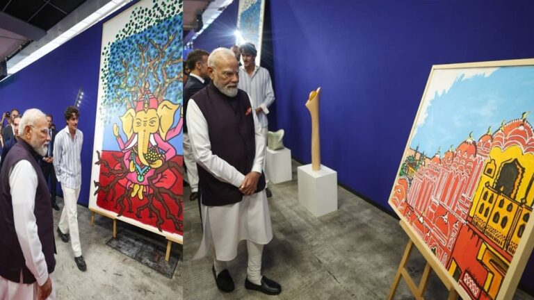PM Modi Visits Art Exhibition in France with Macron; Views India-Inspired Artworks by Artists in France | WATCH